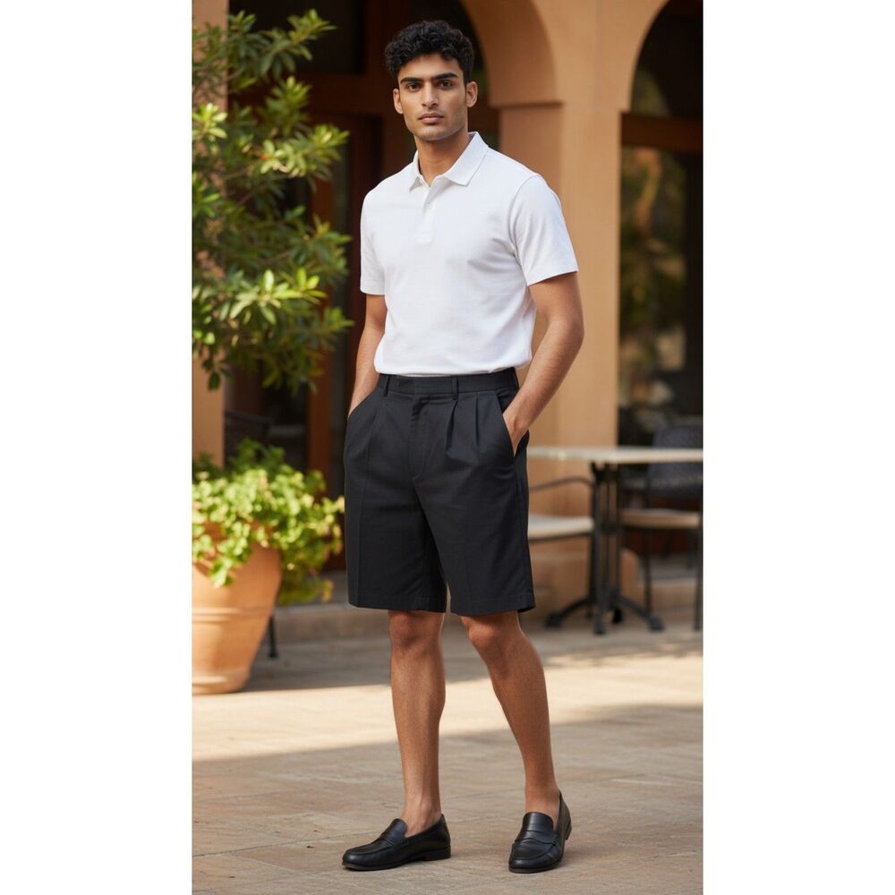 Croft & Barrow Shorts Men's 42 Black Microfiber Relaxed Fit Double Pleat Dressy